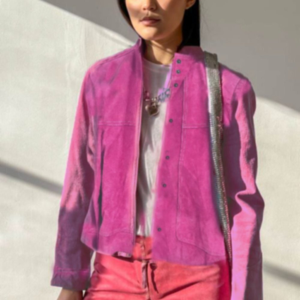 VTG Marshall Fields Women's Suede Moto Jacket Magenta Extra Small - Picture 2 of 12